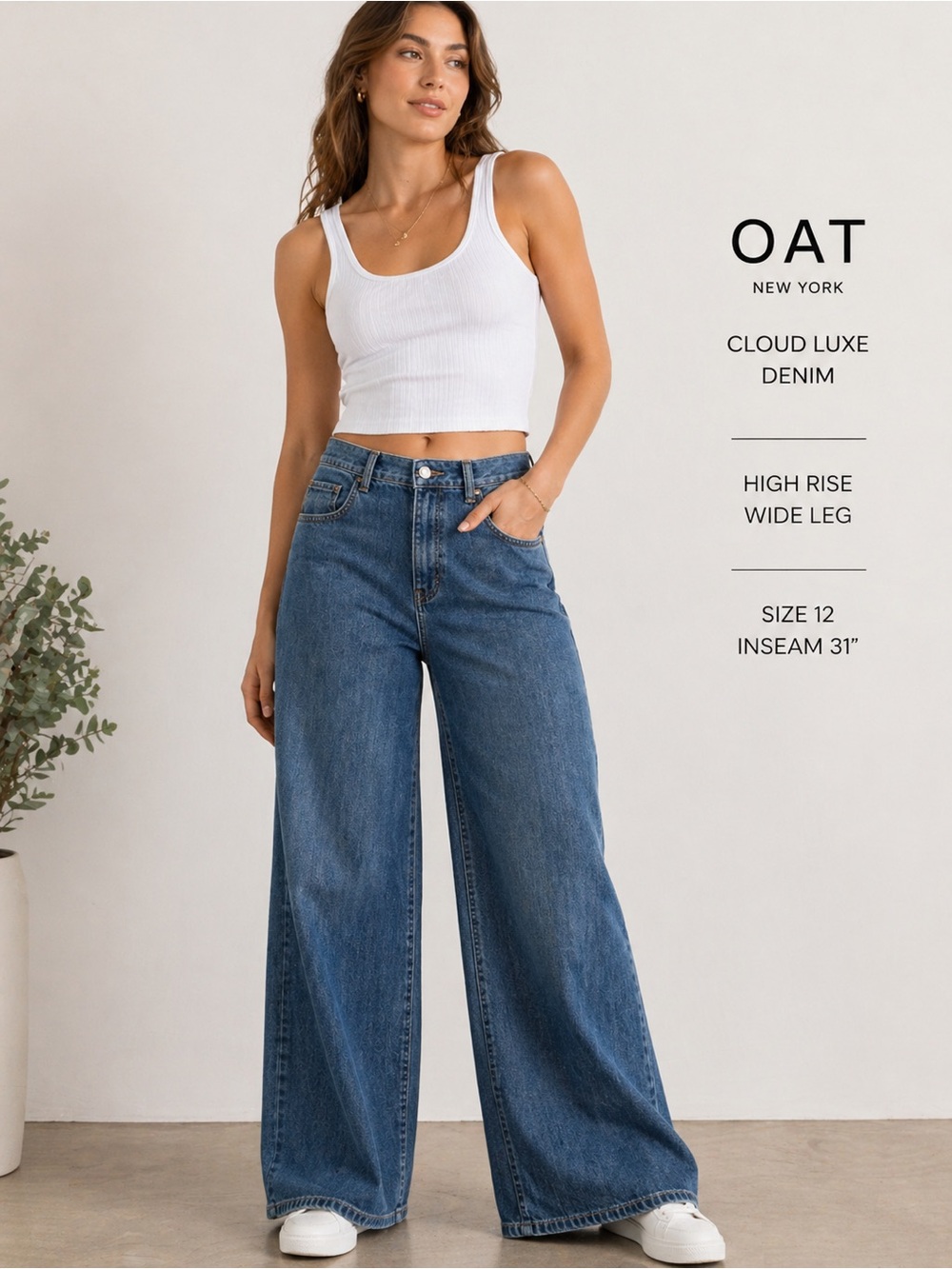 OAT New York Wide Leg Jeans Sz 12 High Rise Cloud Luxe Denim NWT